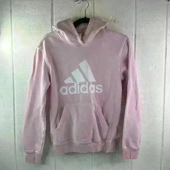 Adidas Women’s Size XS Light Pink and White Logo Kangaroo Pocket Hoodie - Picture 1 of 4